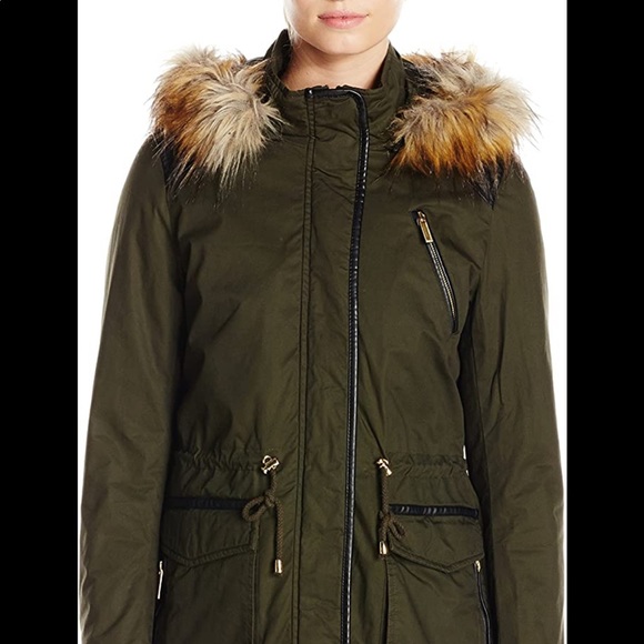 French connection szS pine green anorak w faux faux fur/leather trim - Picture 2 of 14